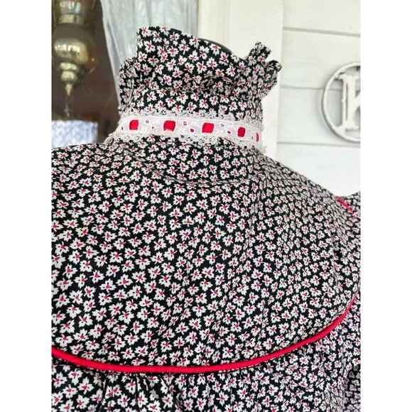 Vintage 1970s Floral Cotton Ruffle Western Shirt Black Red Size Small - Picture 8 of 11